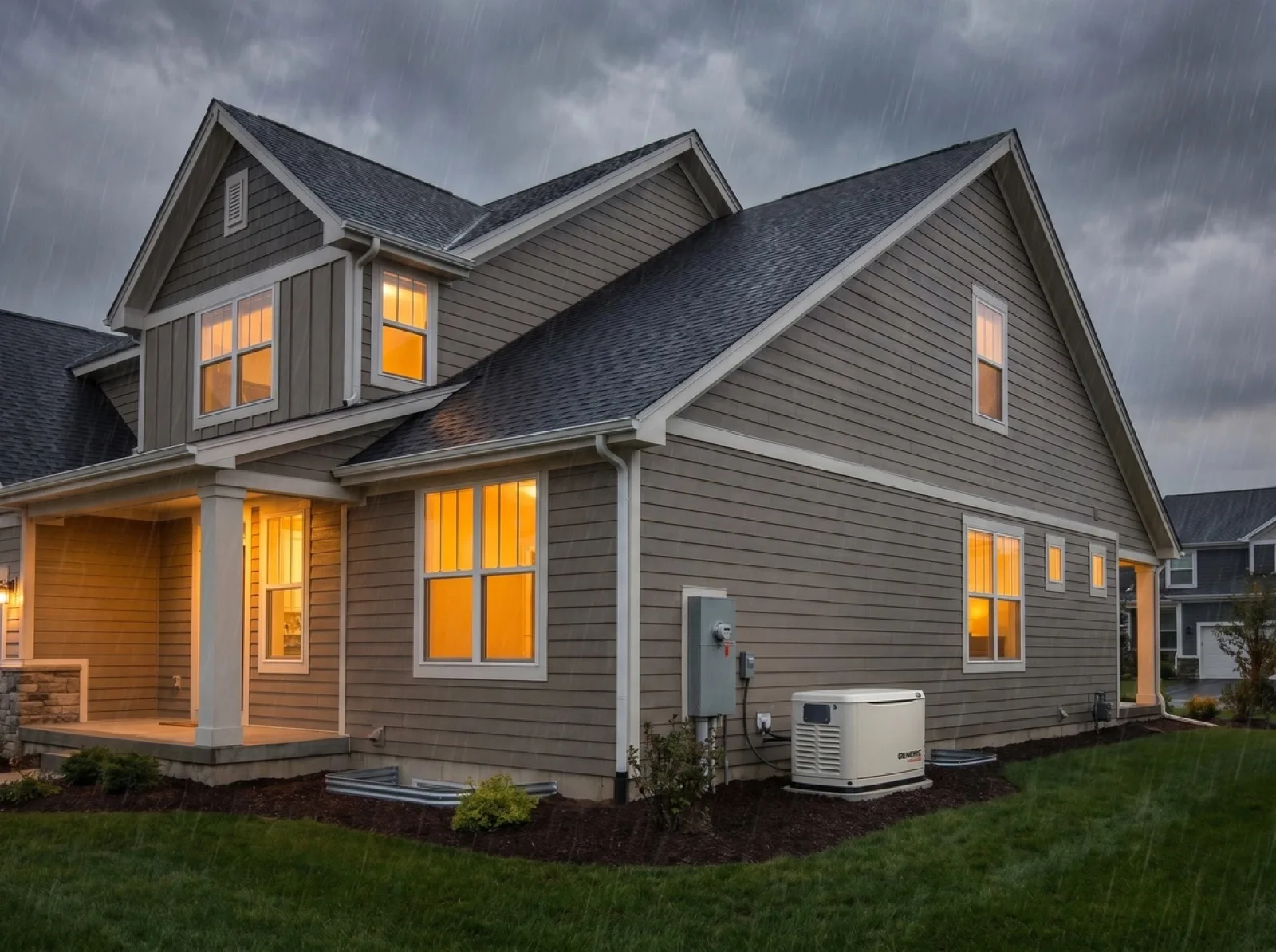 A home with lights on during a storm, powered by a whole-house generator