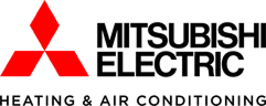 Mitsubishi Electric logo with red three-diamond emblem and black text reading "Mitsubishi Electric Heating & Air Conditioning" on a light background.