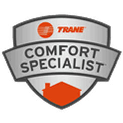 Silver badge with the Trane logo at the top, the words "Comfort Specialist" in bold, and an orange house graphic at the bottom.