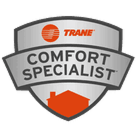 Silver badge with "Trane Comfort Specialist" text, featuring the Trane logo and a red house icon at the bottom.