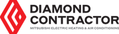 Logo with a red diamond-shaped symbol next to the words "Diamond Contractor" and "Mitsubishi Electric Heating & Air Conditioning" in smaller font below.