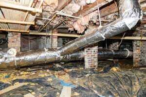 A room with a brick wall and metal pipes.