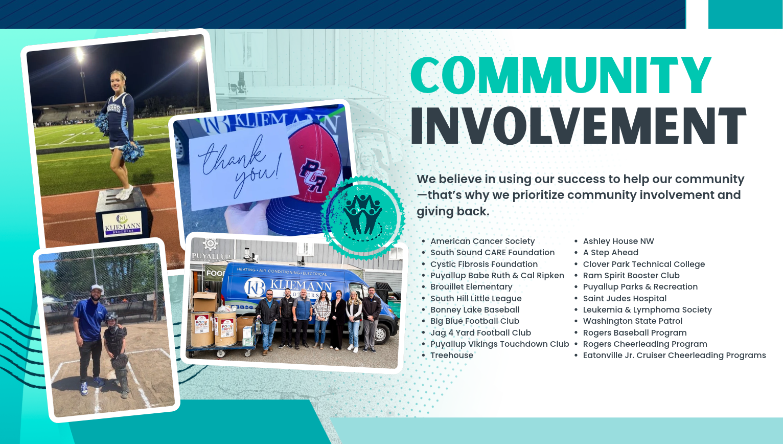 Community Involvement graphic showing a cheerleader, a thank you note, and a team standing by a Kliemann Brothers service van, with a bulleted list of supported organizations.