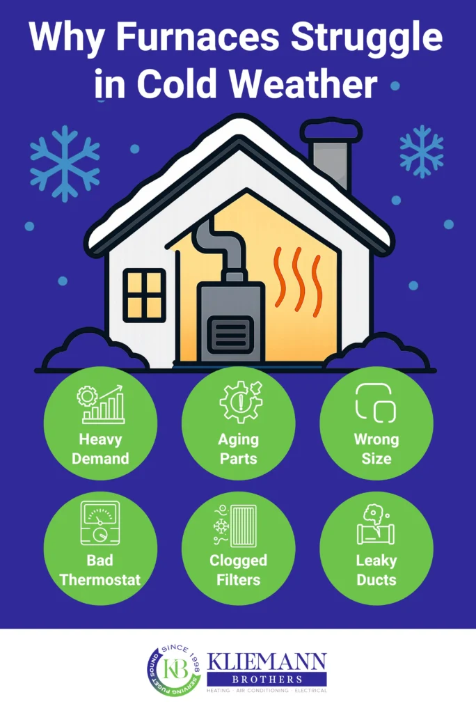Illustration of a house with a furnace in winter, showing six reasons furnaces struggle in cold weather—heavy demand, aging parts, wrong size, bad thermostat, clogged filters, leaky ducts. For reliable furnace repair Tacoma WA trusts, address these issues promptly.
