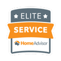 HomeAdvisor Elite Service badge with orange banner reading "SERVICE" and gray sections reading "ELITE" and "HomeAdvisor" with two stars.