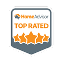 HomeAdvisor Top Rated badge featuring five orange stars on a gray and white shield background.