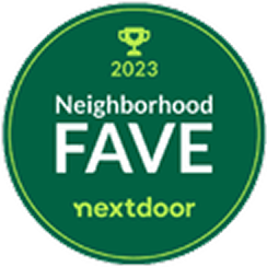 A green circular badge reads "2023 Neighborhood Fave nextdoor" with a trophy icon at the top.
