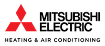 Mitsubishi Electric logo with red three-diamond emblem and text "MITSUBISHI ELECTRIC HEATING & AIR CONDITIONING" in black letters on a light background.