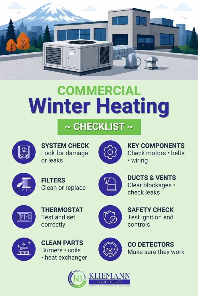 The image shows a commercial winter heating checklist with tips for system check, components, filters, ducts, thermostat, safety, cleaning, and CO detector maintenance—essential steps for effective commercial heating maintenance.