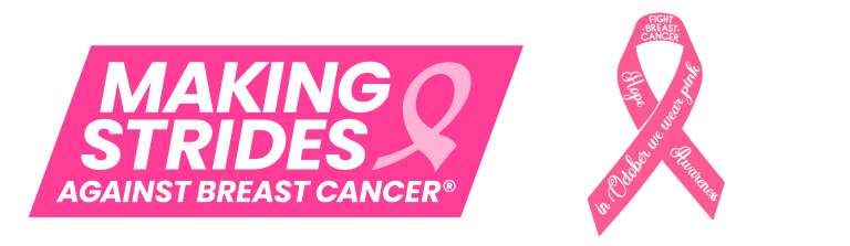 Pink banner with the text "Making Strides Against Breast Cancer" next to a pink ribbon labeled "Fight Breast Cancer" and phrases encouraging support in pink.