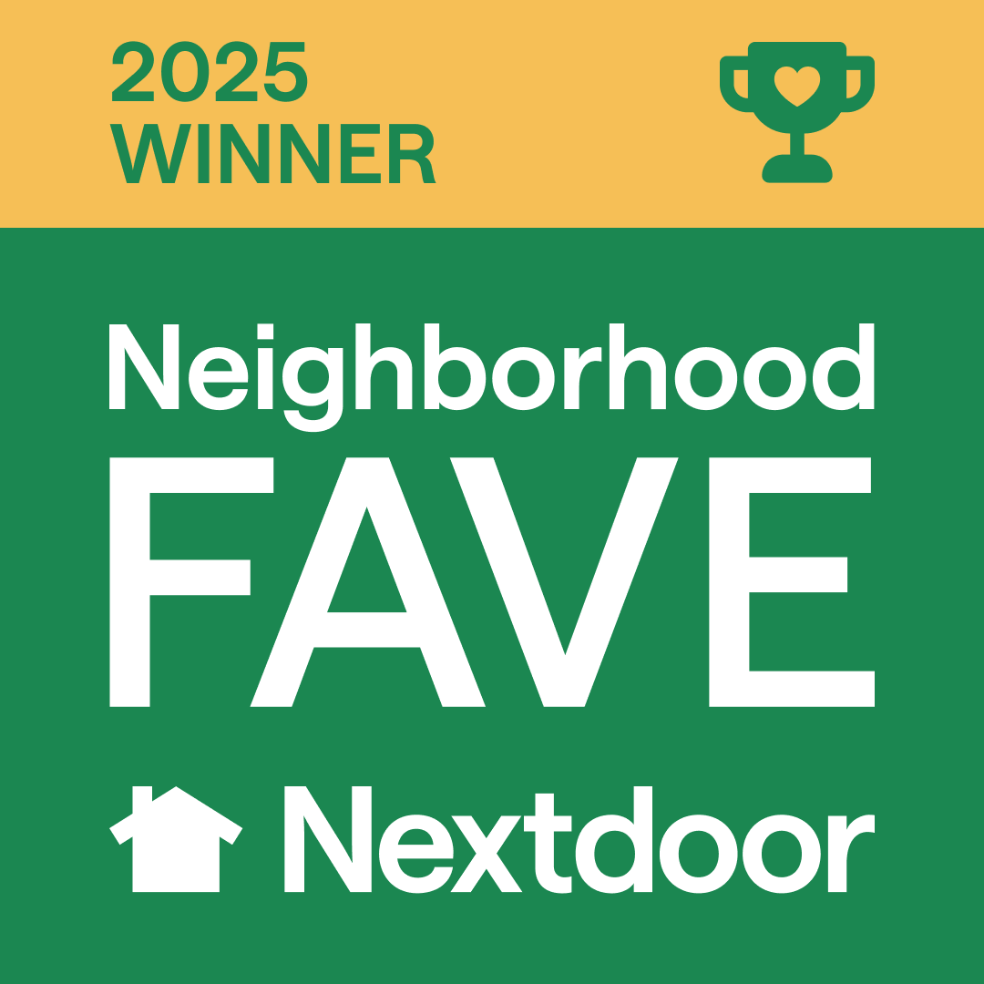 A green and yellow graphic reads "2025 Winner Neighborhood Fave Nextdoor" with a trophy and house icon.